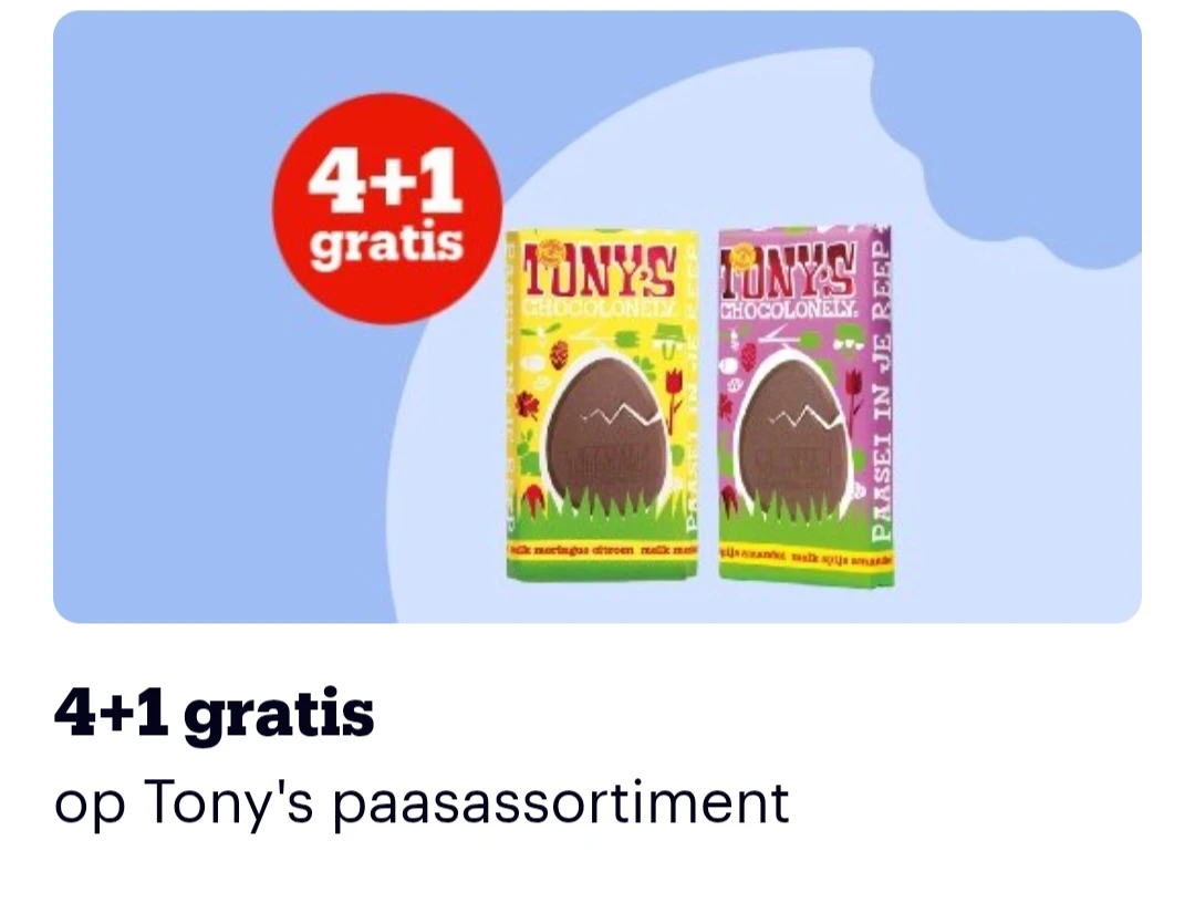 4+1 gratis op Tony's Chocolonely paaschocolade bij bol.com