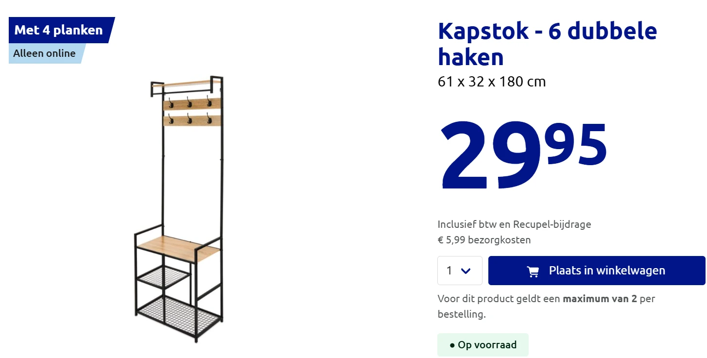 Kapstok met 6 dubbele haken + schoenenrek / bank voor slechts €29,95 bij Action