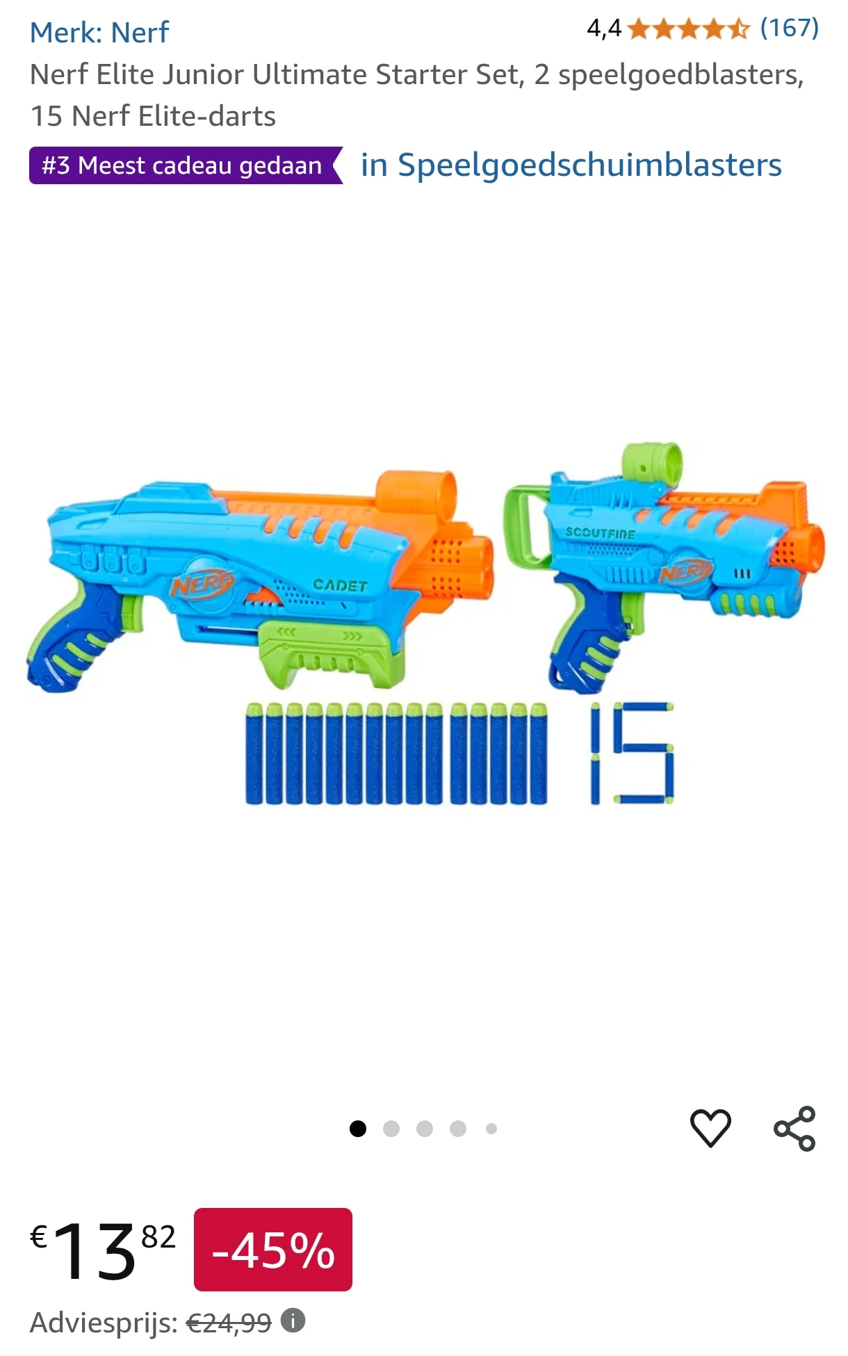 -45% Nerf Elite Junior Ultimate Starter Set, 2 speelgoedblasters, 15 Nerf Elite-darts