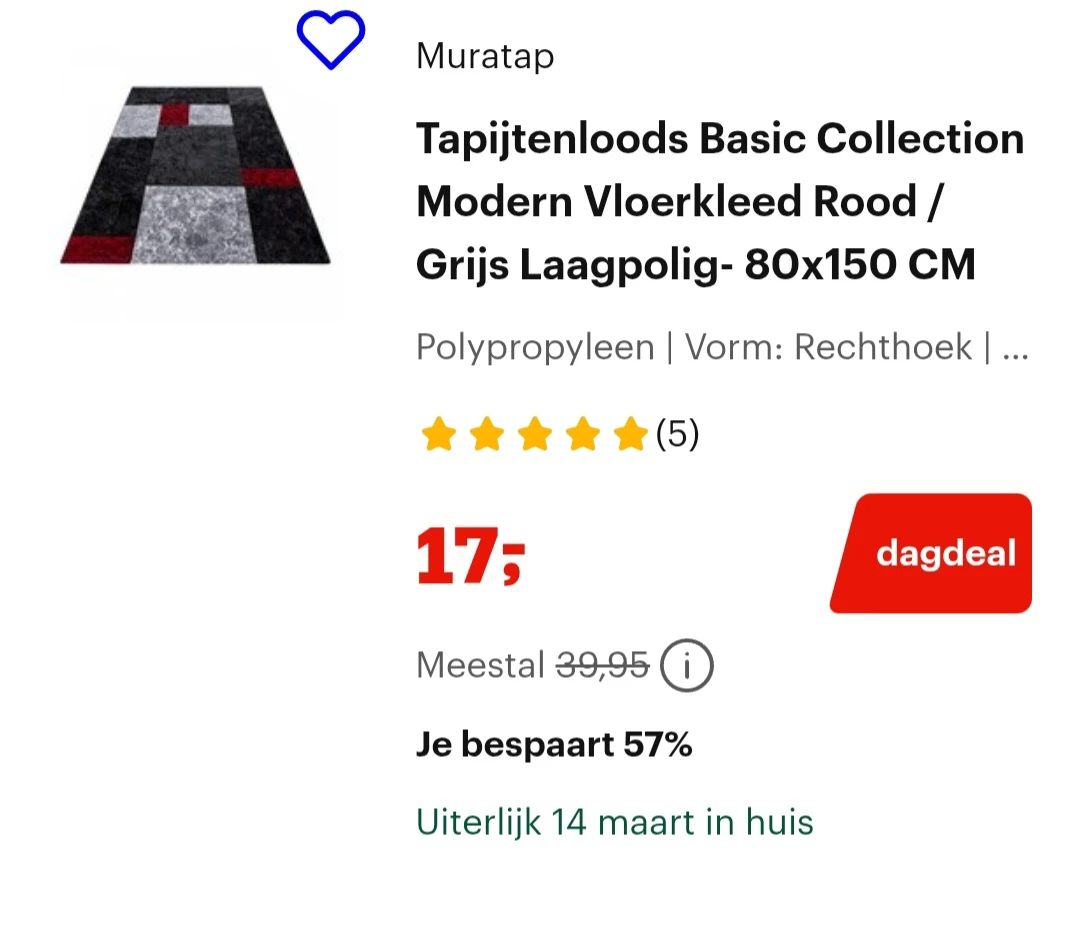Tapijtenloods Basic Collection Modern Vloerkleed Rood / Grijs Laagpolig- 80x150 CM -57% bij bol.com