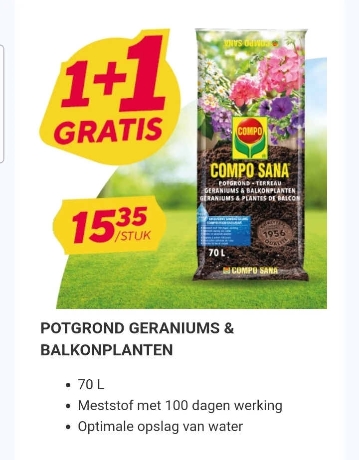 Compo Potgrond Geraniums & Balkonplanten 70L en Compo bodemverbeteraar