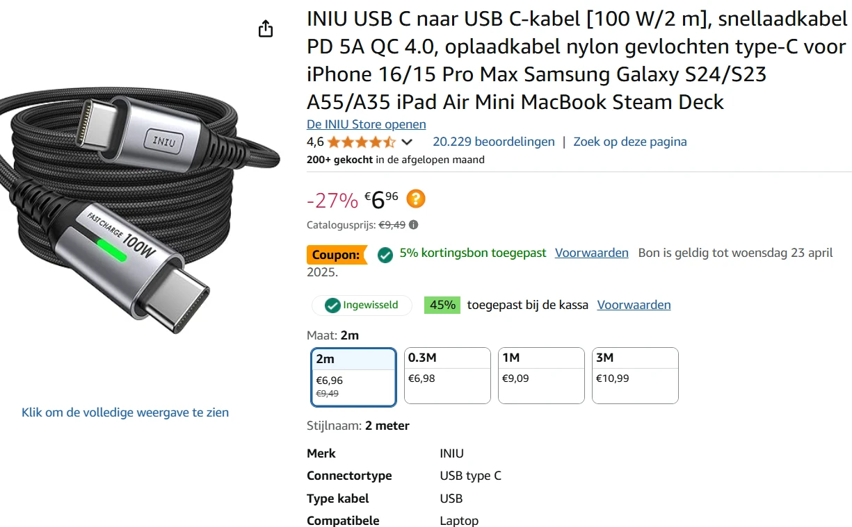 usb c naar usb c oplaadkabel