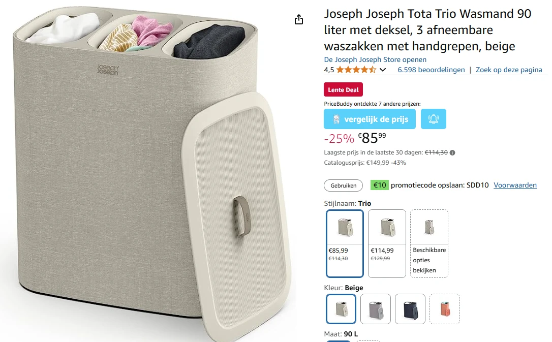 Trio wasmand 90L met 3 uitneembare waszakken met 25% korting bij Amazon BE