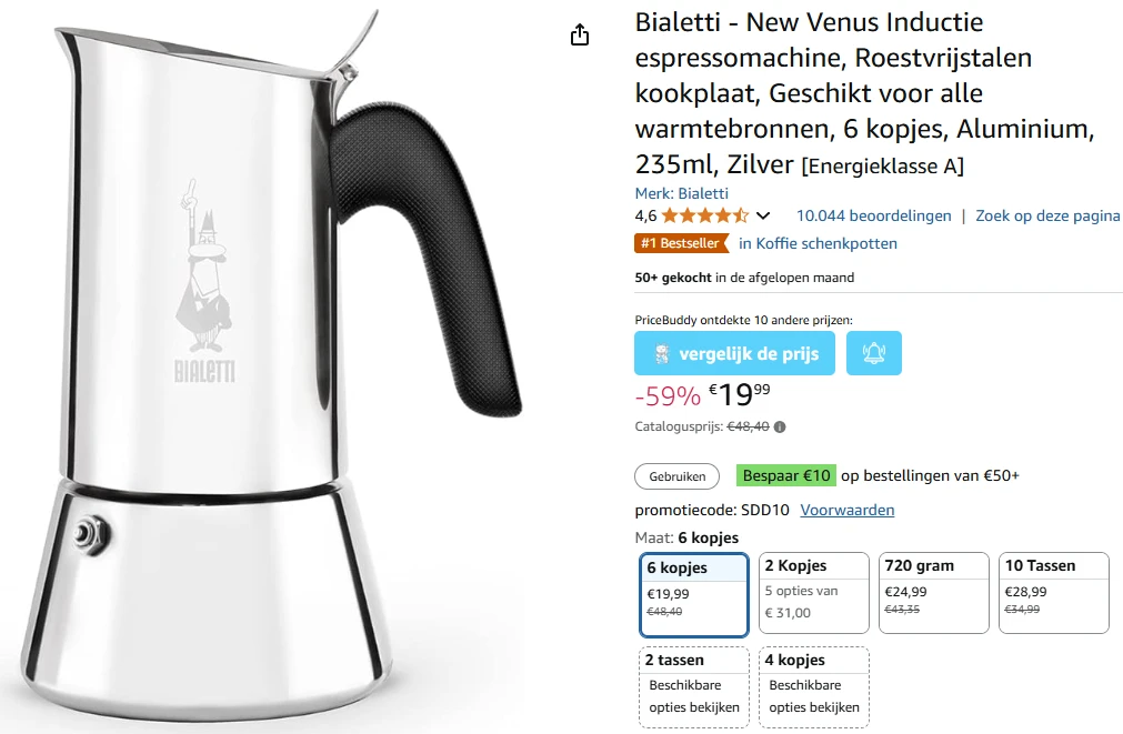 Bialetti espresso maker (geschikt voor inductie!) met 59% korting bij Amazon BE