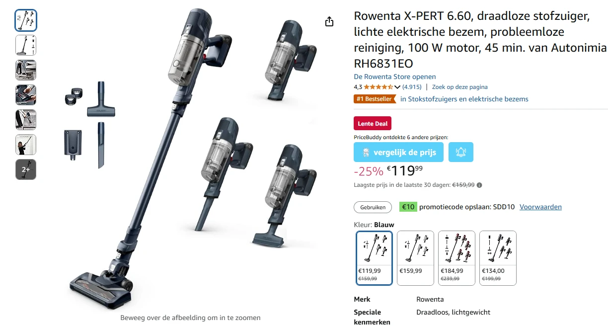 Rowenta draadloze stofzuiger voor €109,99 ipv €159,99 op Amazon BE