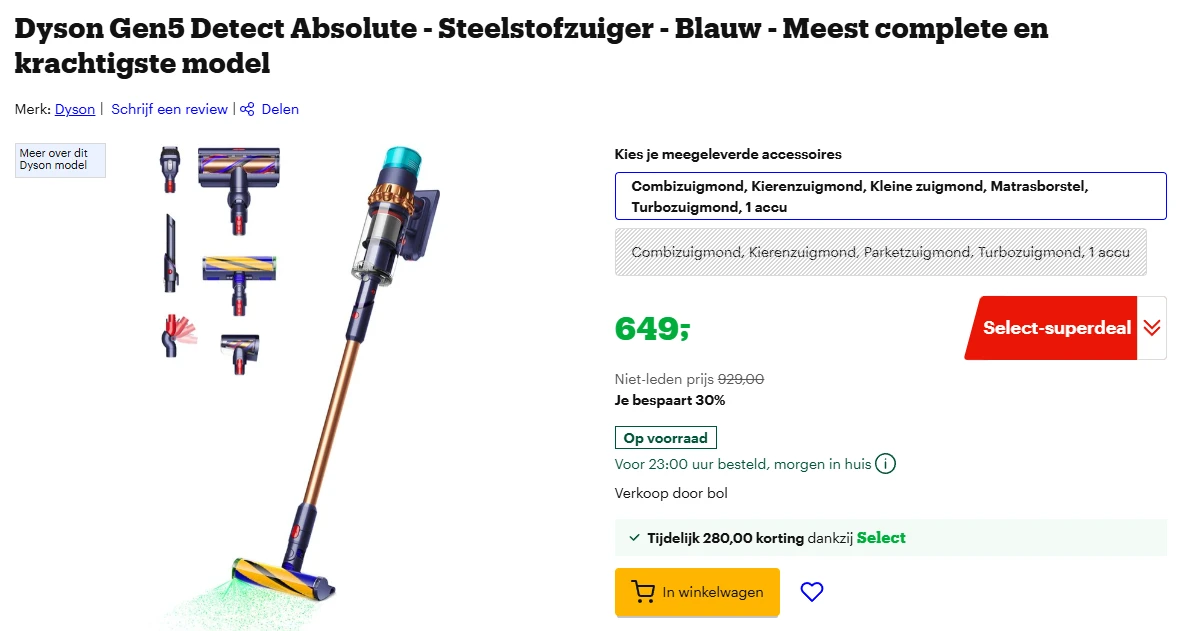 Select Super Deal: Dyson Gen5 Detect Absolute met 30% korting bij Bol