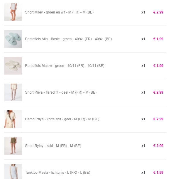 2 paar slippers, 2 shorts en 2 tops van Etam voor 17,93 euro excl verzending betaald