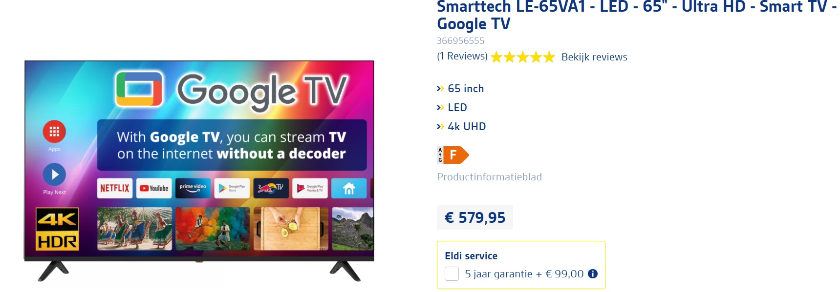 Smarttech smart tv 65 inch (Google TV) voor €579,95 bij Eldi