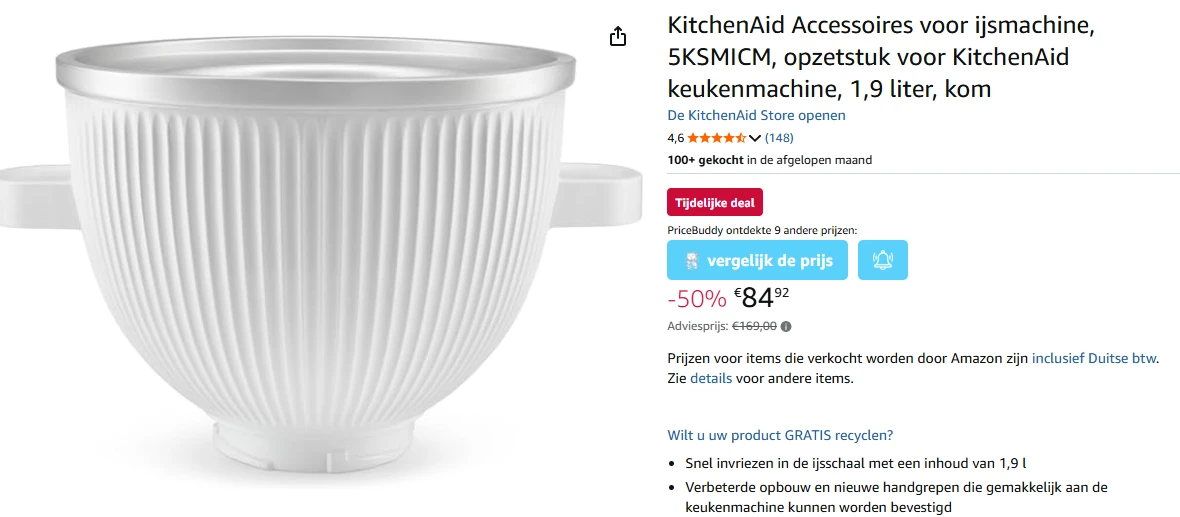 KitchenAid Roomijsmaker voor €84,92 ipv €169 bij Amazon DE