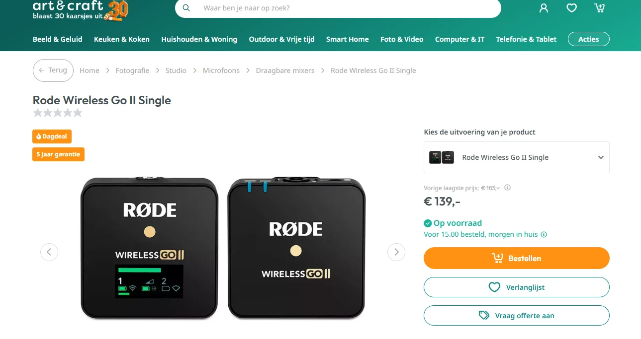 Dagdeal art&craft Rode Wireless Go II Single voor €139