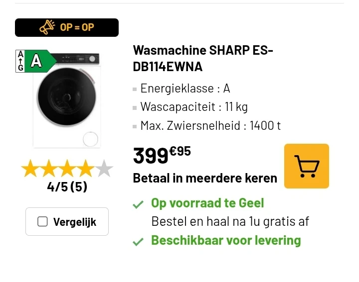 Wasmachine 11kg SHARP ES-DB114EWNA