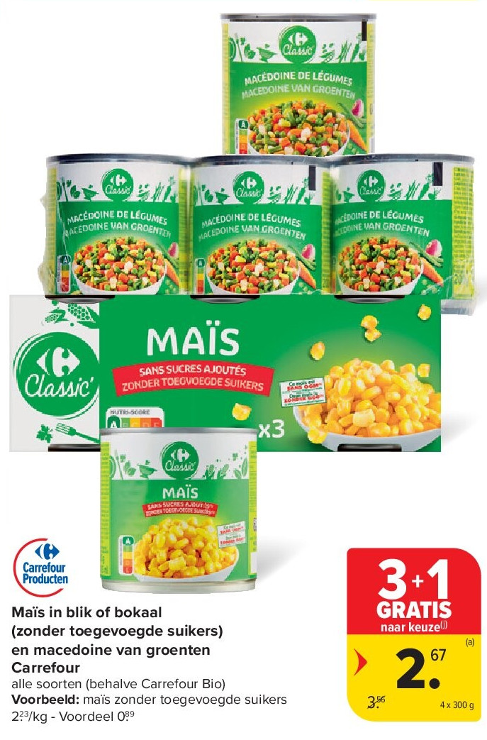 Maïs in blik of bokaal (zonder toegevoegde suikers) en macedoine van groenten Carrefour