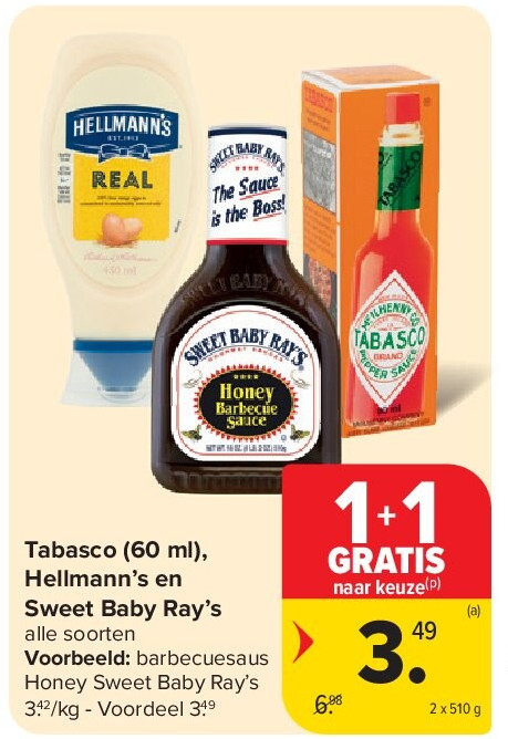 Tabasco (60 ml), Hellmann’s en Sweet Baby Ray’s