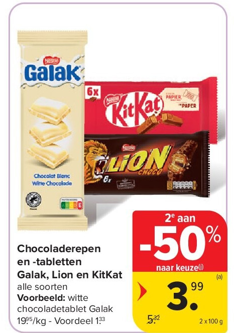 Chocoladerepen en -tabletten Galak, Lion en KitKat