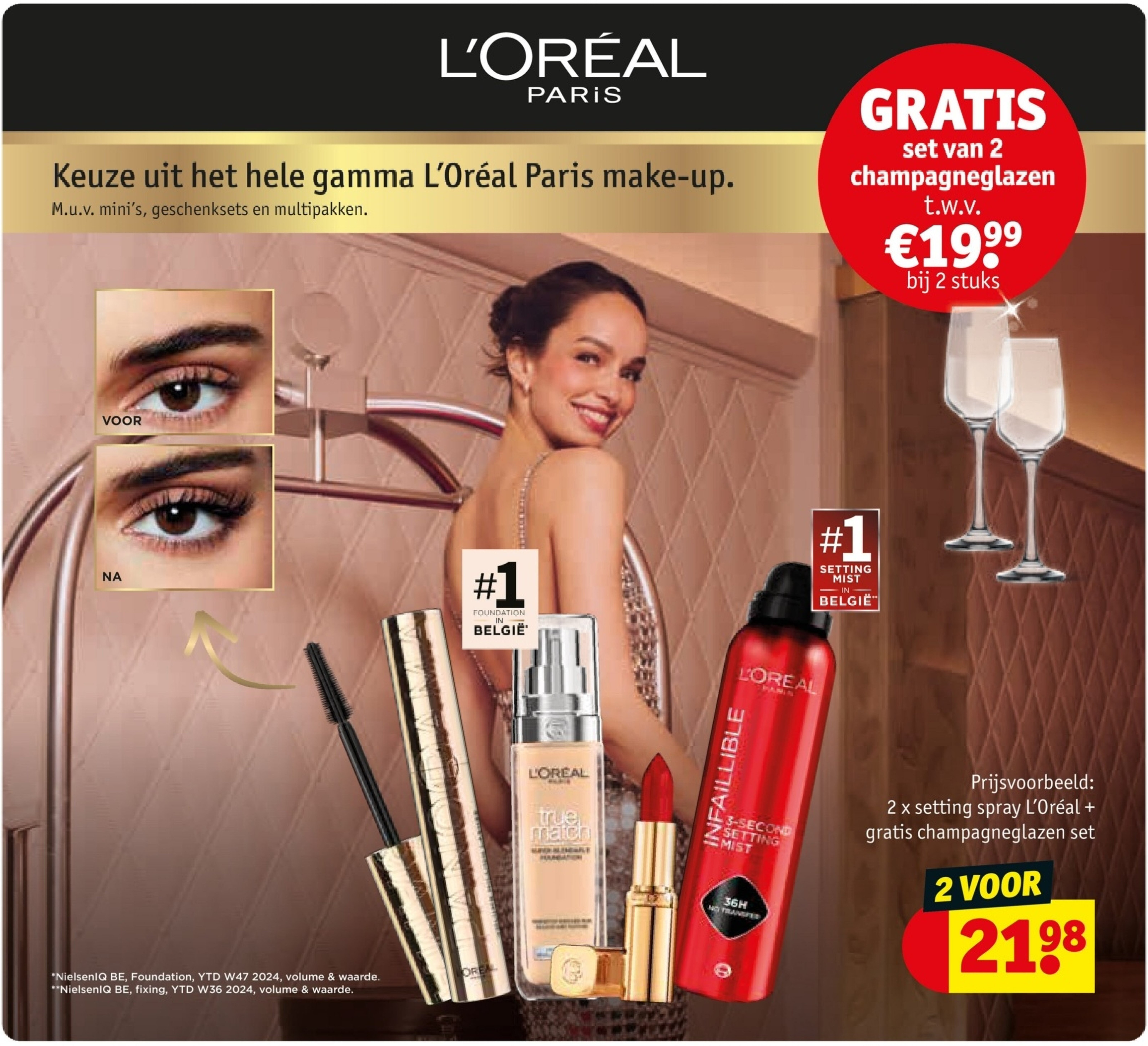 2 x setting spray L'Oréal + gratis champagneglazen set