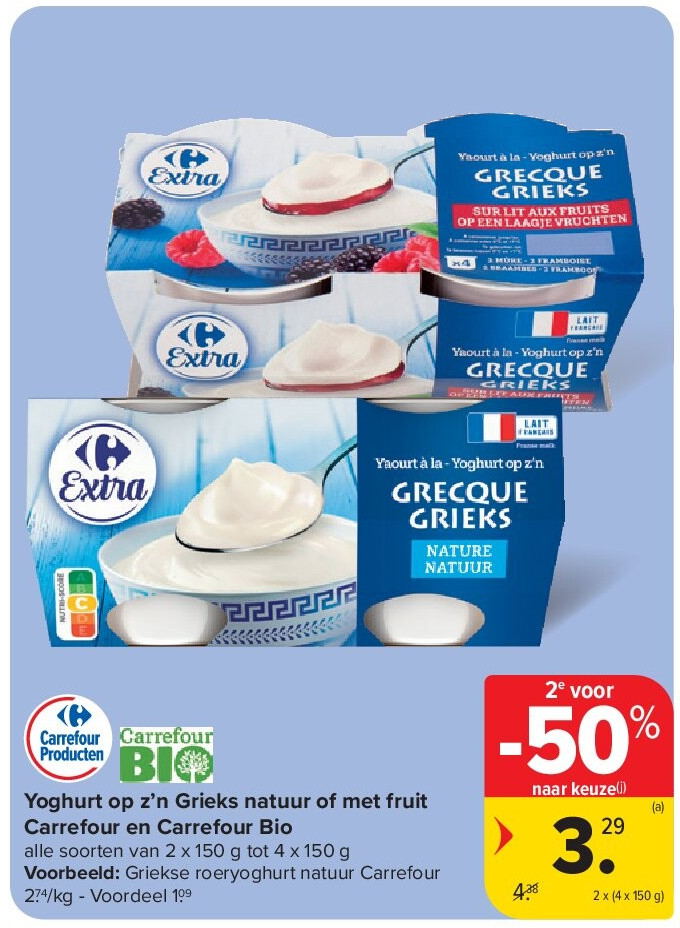 Yoghurt op z’n Grieks natuur of met fruit Carrefour en Carrefour Bio