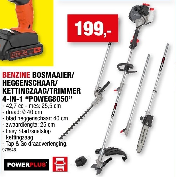 BENZINE BOSMAAIER/ HEGGENSCHAAR/ KETTINGZAAG/TRIMMER 4-IN-1 “POWEG8050”