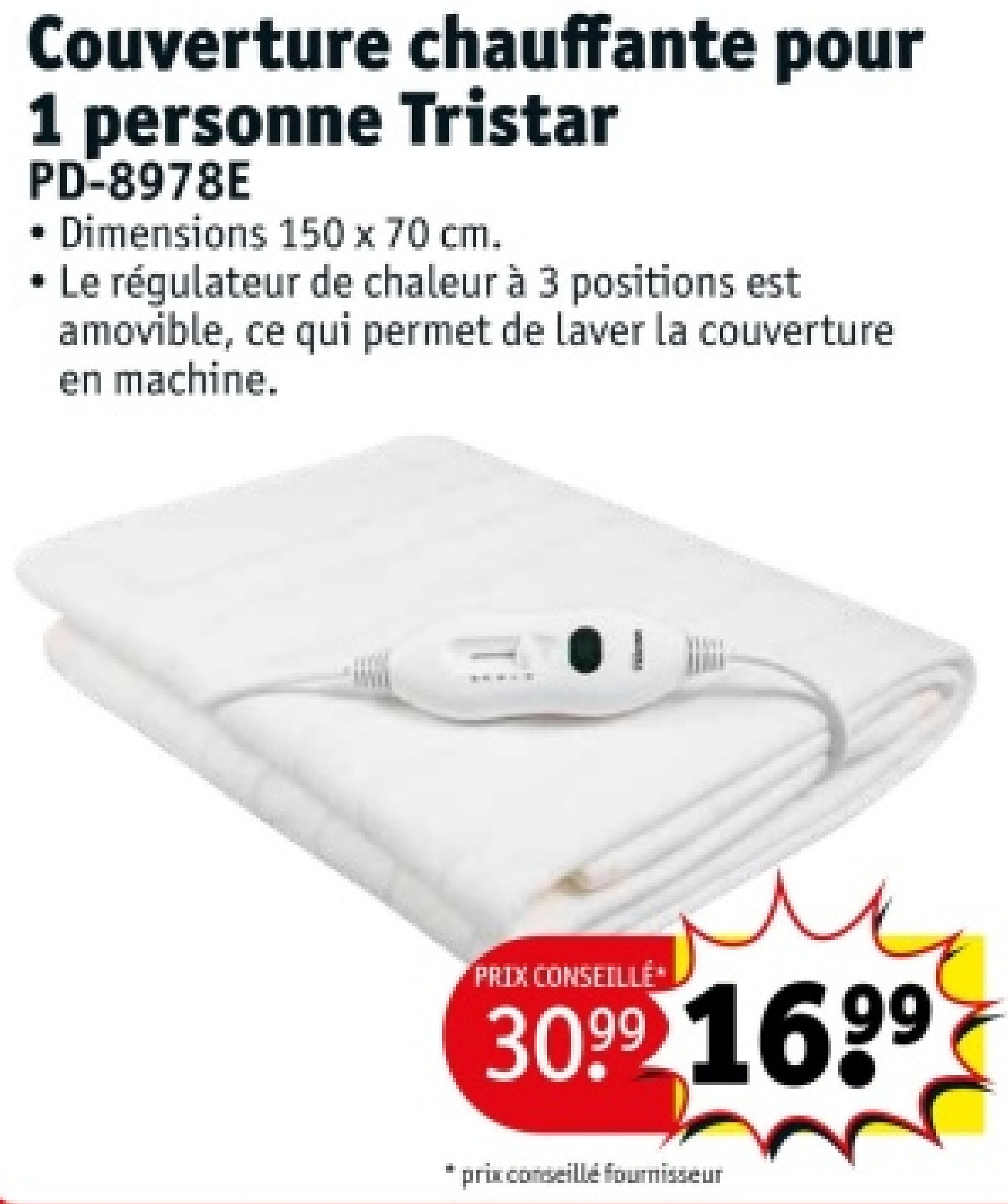 Couverture chauffante pour 1 personne Tristar PD-8978E