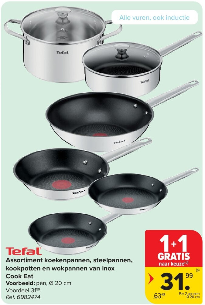 Assortiment koekenpannen, steelpannen, kookpotten en wokpannen van inox Cook Eat