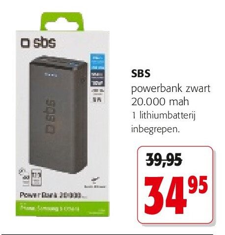 SBS powerbank zwart 20.000 mah