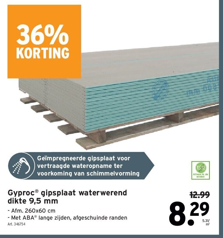 Gyproc® gipsplaat waterwerend dikte 9,5 mm