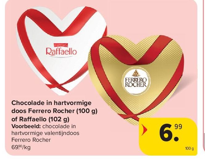 Chocolade in hartvormige doos Ferrero Rocher (100 g) of Ra aello (102 g)