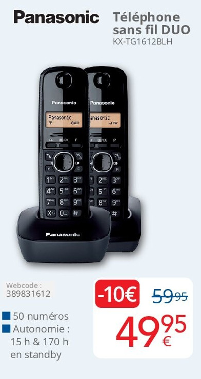 Panasonic Téléphone sans fil DUO KX-TG1612BLH