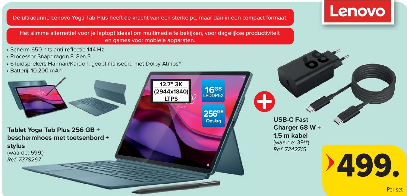 Tablet Yoga Tab Plus 256 GB + beschermhoes met toetsenbord + stylus + USB-C Fast Charger 68 W + 1,5 m kabel