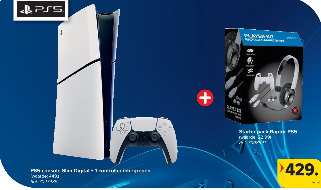 PS5-console Slim Digital + 1 controller inbegrepen + Starter pack Raptor PS5