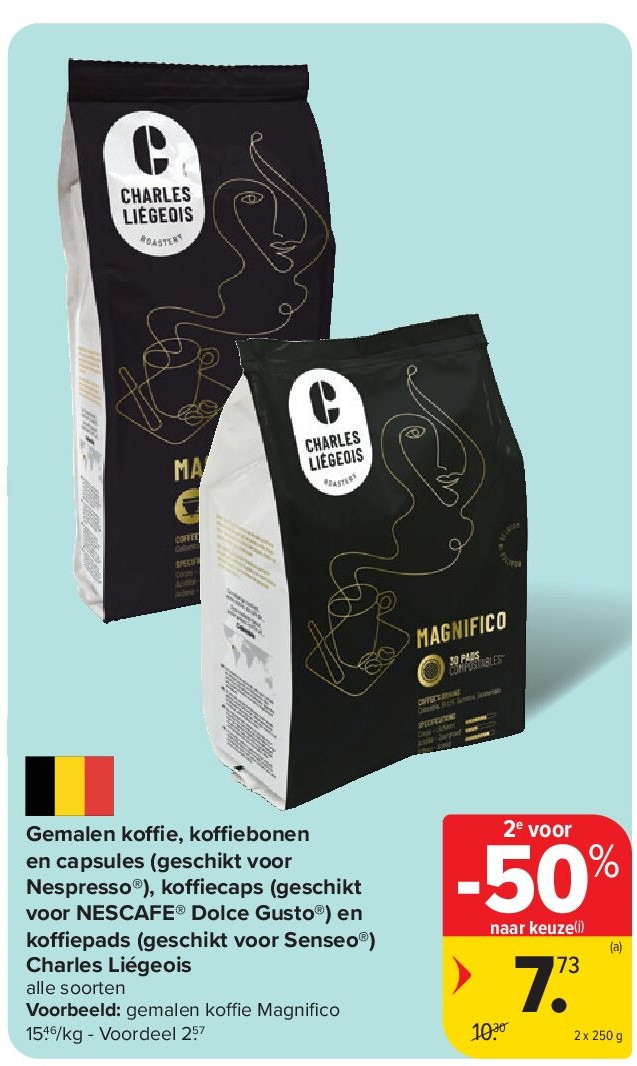 Gemalen koffie, koffiebonen en capsules (geschikt voor Nespresso®), koffiecaps (geschikt voor NESCAFE® Dolce Gusto®) en koffiepads (geschikt voor Senseo®) Charles Liégeois
