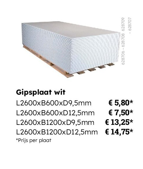 Gipsplaat wit L2600xB600xD12,5mm
