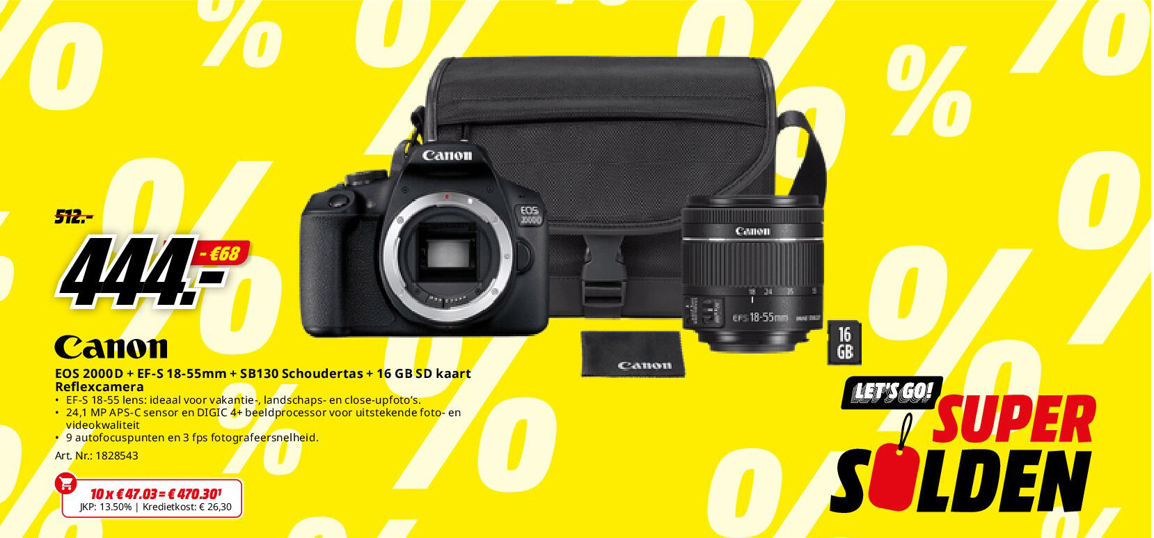 Canon EOS 2000D + EF-S 18-55mm + SB130 Schoudertas + 16 GB SD kaart Reflexcamera