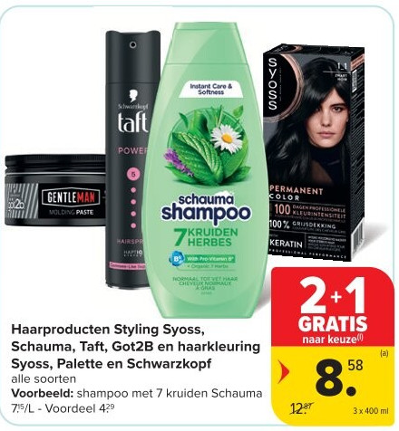 Haarproducten Styling Syoss, Schauma, Taft, Got2B en haarkleuring Syoss, Palette en Schwarzkopf