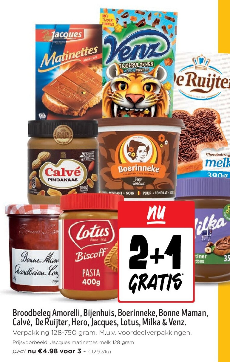 Broodbeleg Amorelli, Bijenhuis, Boerinneke, Bonne Maman, Calvé, De Ruijter, Hero, Jacques, Lotus, Milka & Venz.