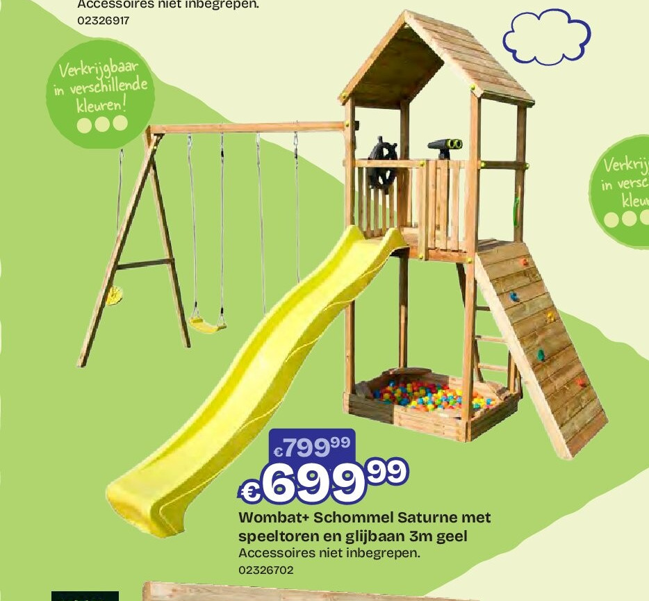 Wombat+ Schommel Saturne met speeltoren en glijbaan 3m geel Accessoires niet inbegrepen.