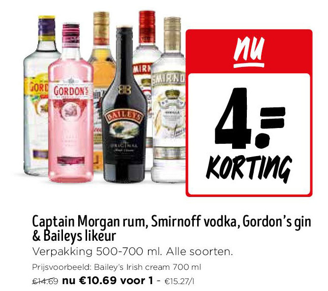 Captain Morgan rum, Smirnoff vodka, Gordon’s gin & Baileys likeur