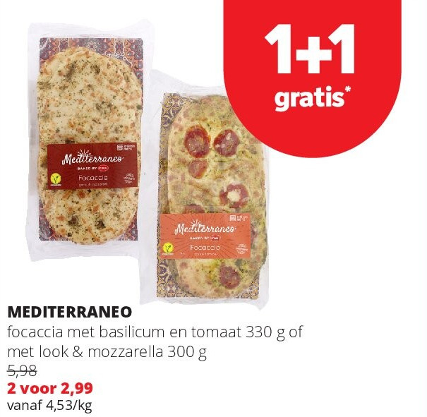 MEDITERRANEO focaccia met basilicum en tomaat 330 g of met look & mozzarella 300 g