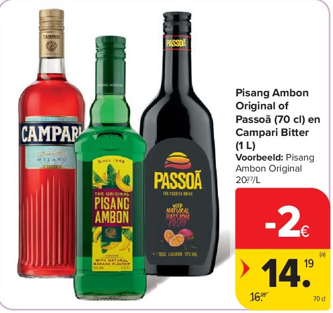 Pisang Ambon Original of Passoã (70 cl) en Campari Bitter (1 L)