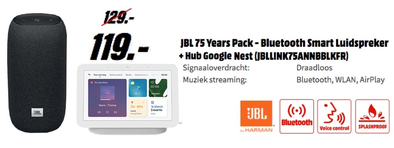 JBL75 Years Pack- Bluetooth Smart Luidspreker + Hub Google Nest (JBLLINK75ANNBBLKFR)