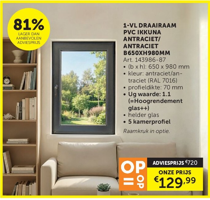1-VL DRAAIRAAM PVC IKKUNA ANTRACIET/ ANTRACIET B650XH980MM