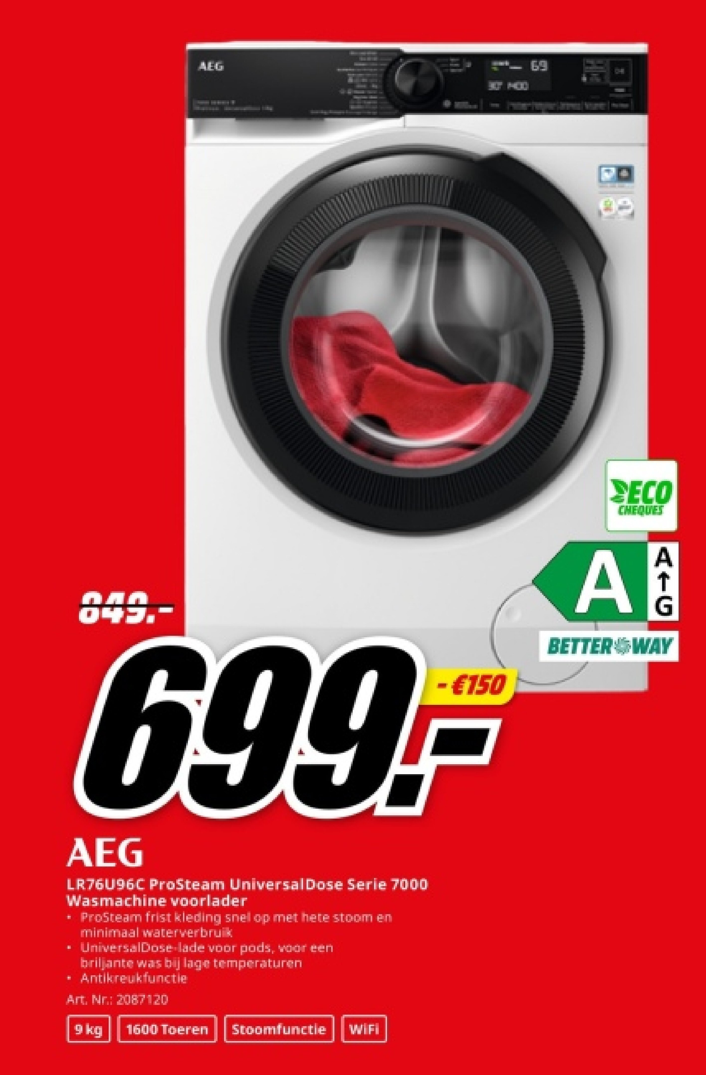 AEG LR76U96C ProSteam UniversalDose Serie 7000 Wasmachine voorlader