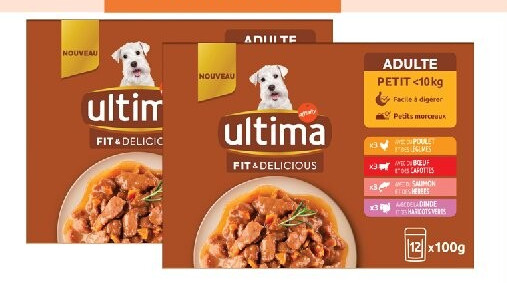 Repas pour petit chien adulte Multi Goûts Ultima 12 pochons 1,2 kg