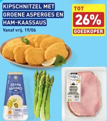 KIPSCHNITZEL MET GROENE ASPERGES EN HAM-KAASSAUS