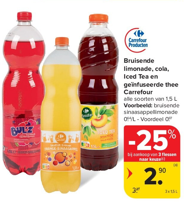 Bruisende limonade, cola, Iced Tea en geïnfuseerde thee Carrefour