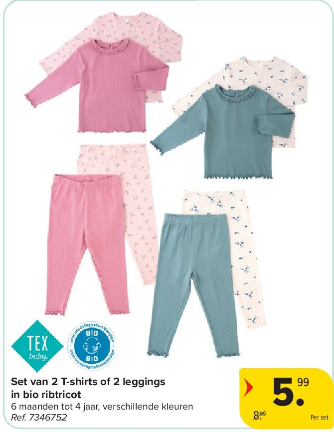 Set van 2 T-shirts of 2 leggings in bio ribtricot