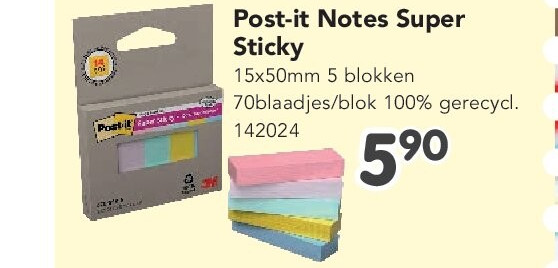 Post-it Notes Super Sticky 15x50mm 5 blokken 70blaadjes/blok 100% gerecycl. 142024