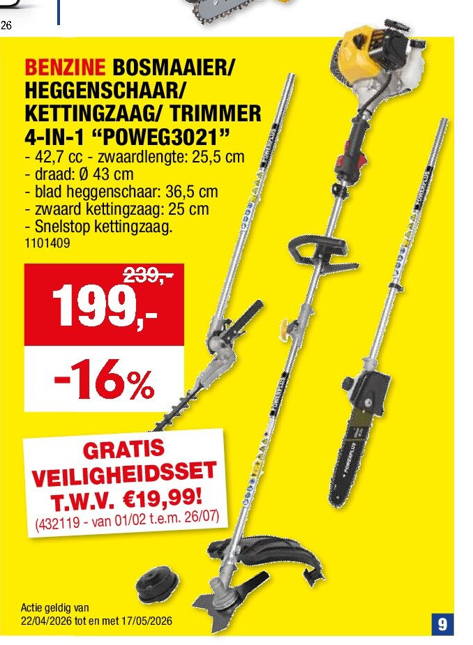 BENZINE BOSMAAIER/ HEGGENSCHAAR/ KETTINGZAAG/ TRIMMER 4-IN-1 “POWEG3021”