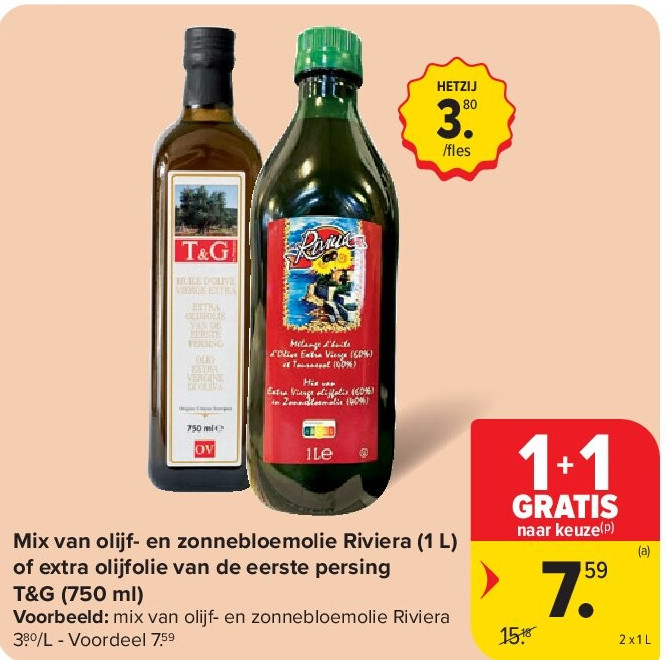 Mix van olijf- en zonnebloemolie Riviera (1 L) of extra olijfolie van de eerste persing T&G (750 ml)