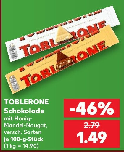 TOBLERONE Schokolade mit HonigMandel-Nougat, versch. Sorten je 100-g-Stück (1 kg = 14.90)