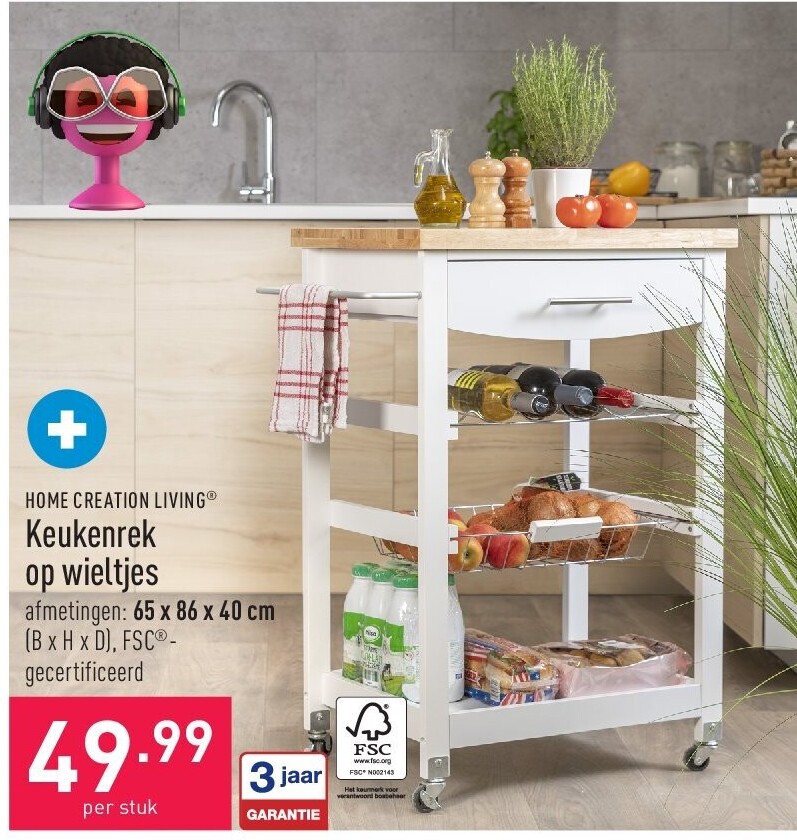 Keukenrek op wieltjes afmetingen: 65 x 86 x 40 cm